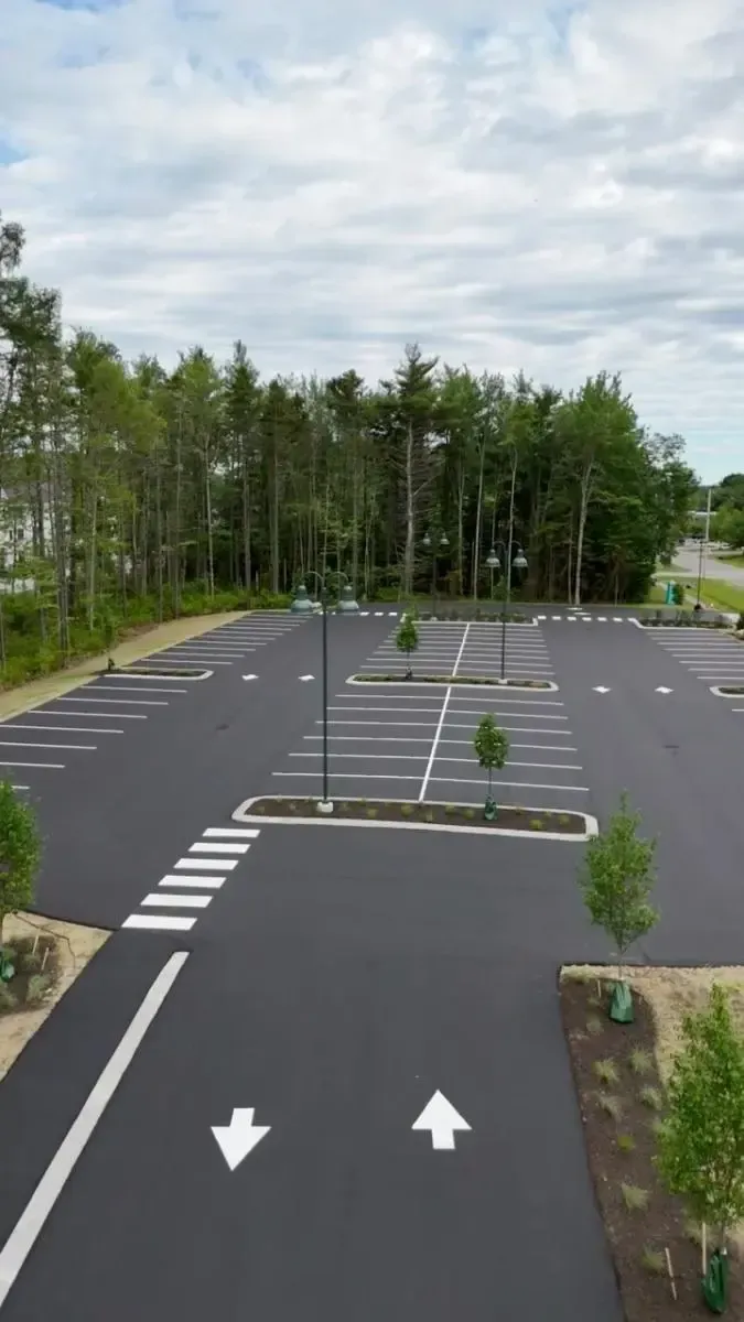 Empty asphalt parking lot with white painted lines and directional arrows, trees in background.