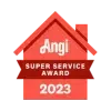Angi Super Service Award 2023 badge, red house-shaped graphic with white text on a red banner.