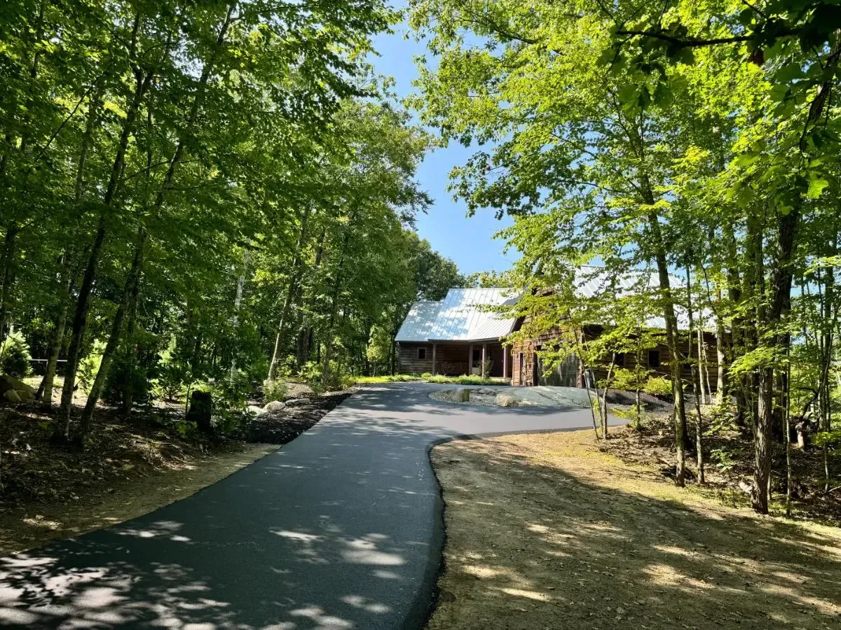 Paved driveway leading to a wooden cabin surrounded by green trees on a sunny day.