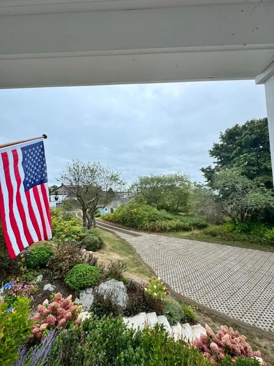 American flag waving next to a view of a path and foliage under an overcast sky.