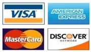 Credit card logos: Visa, American Express, Mastercard, and Discover.