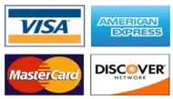Credit card logos: Visa, American Express, Mastercard, and Discover.