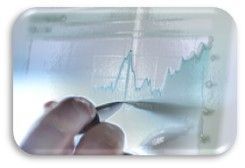 A person is holding a pen in front of a graph.