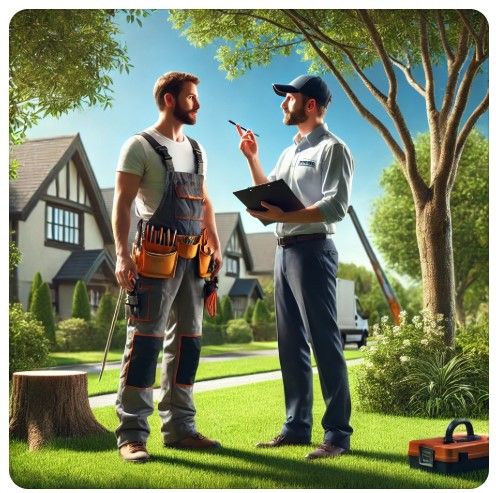 Two men are standing in front of a house talking to each other about trees.