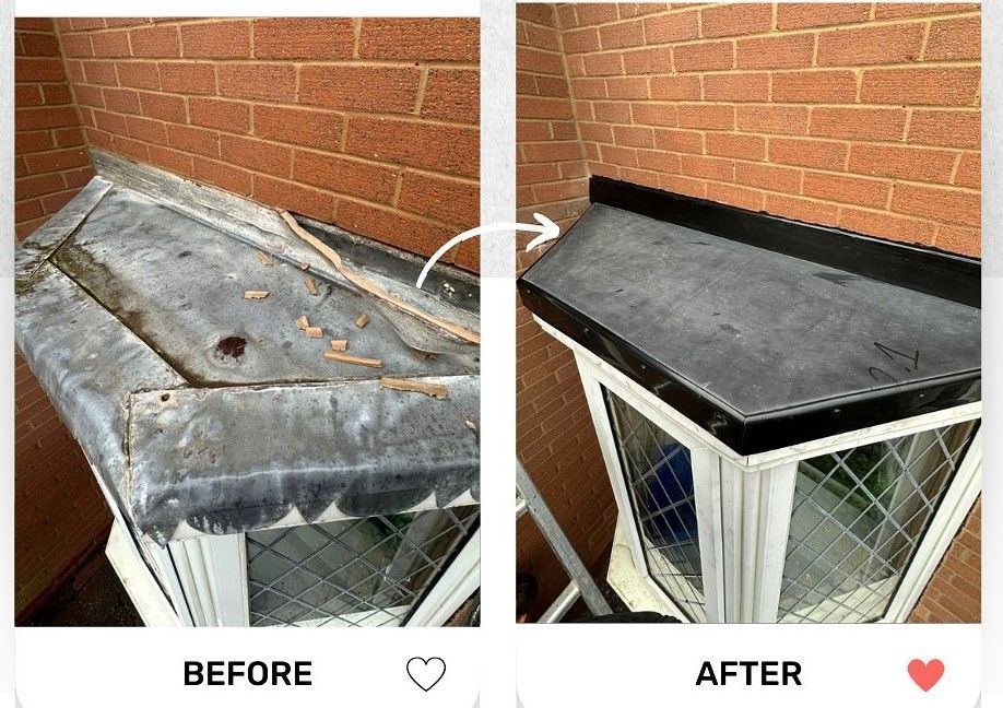 A picture of a before and after photo of a bay window roof replacement completed by Hightop Roofers London.