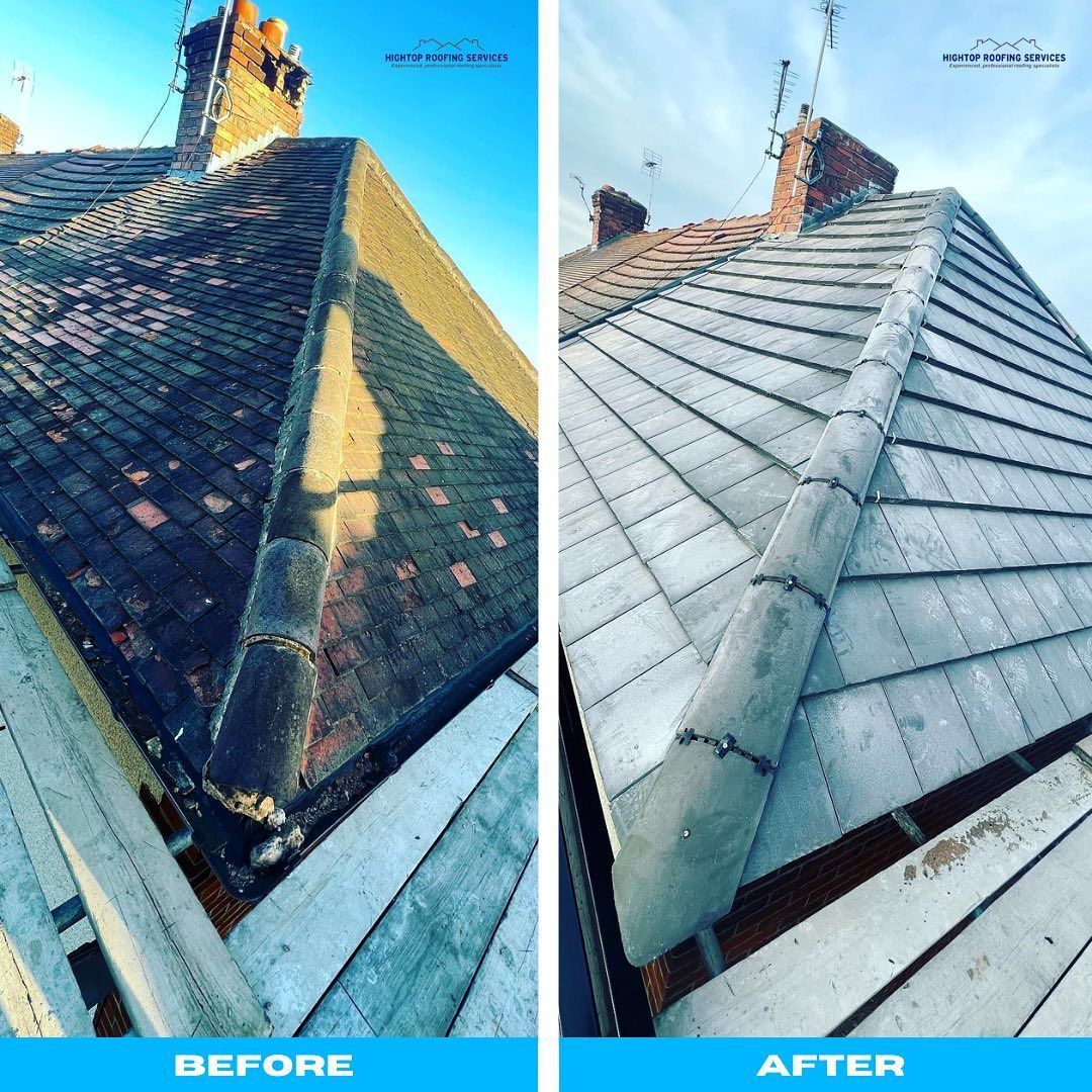 A picture of before and after for a hip roof replacement by Hightop Roofers London