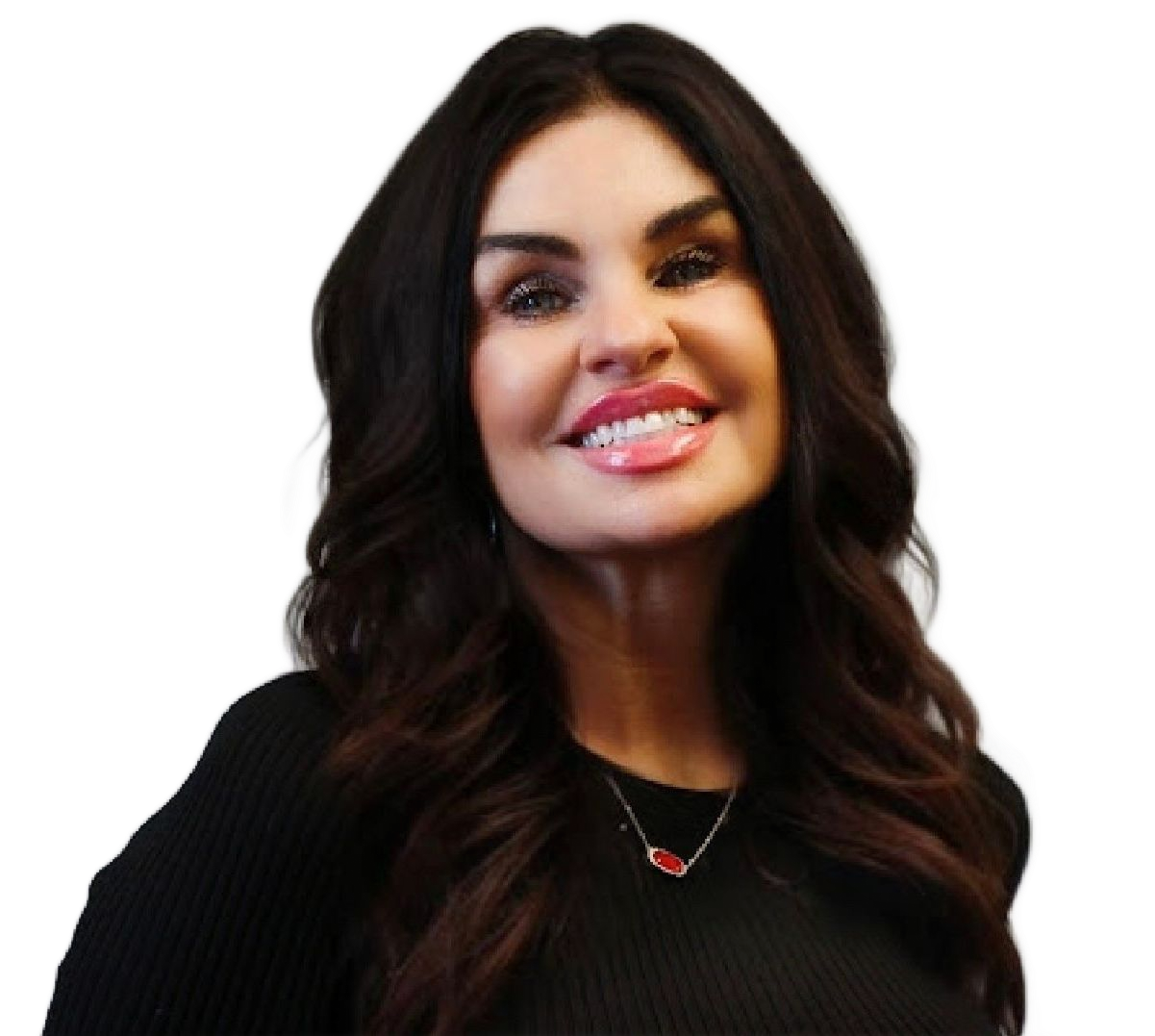 A brown-haired woman in a black shirt smiling.