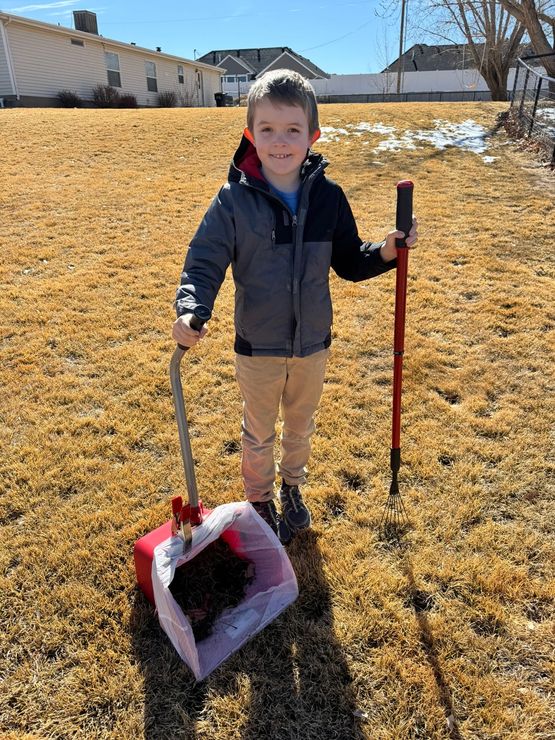 A young boy is standing in a field holding a broom and a shovel.