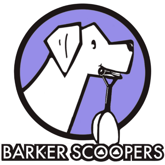 A logo for barker scoopers shows a dog with a leash in its mouth