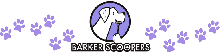 A logo for barker scoopers with purple paw prints