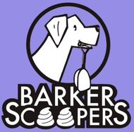 A logo for barker scoopers with a dog on a leash