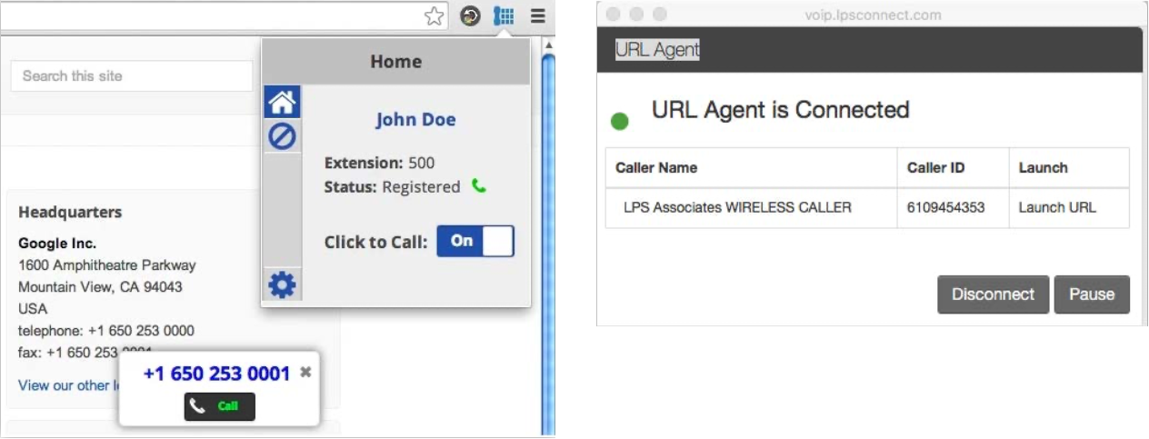 A screenshot of click-to-call URL agent