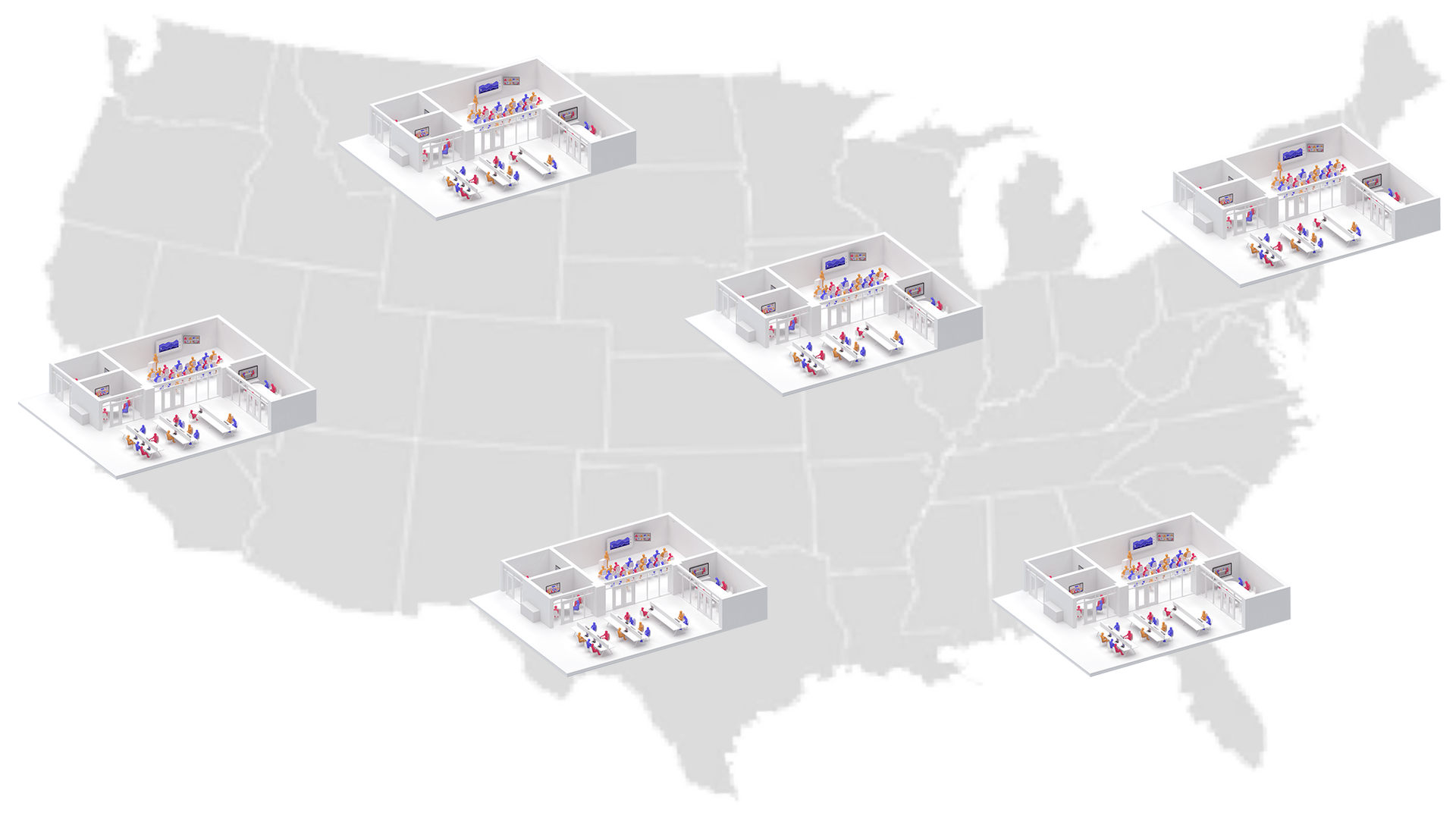 A map of the united states with telephones on it