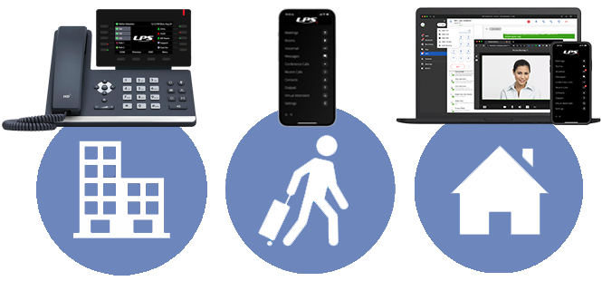 A phone a laptop a house and a person with a suitcase