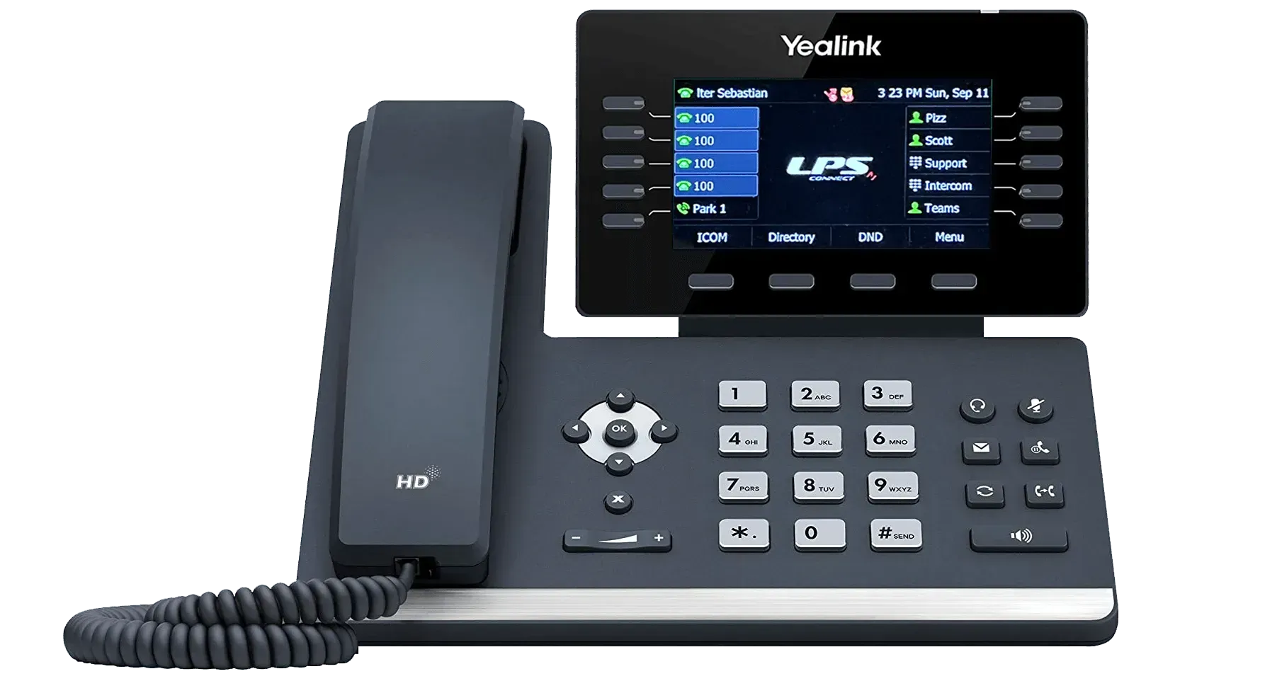 A Yealink phone with a screen on it