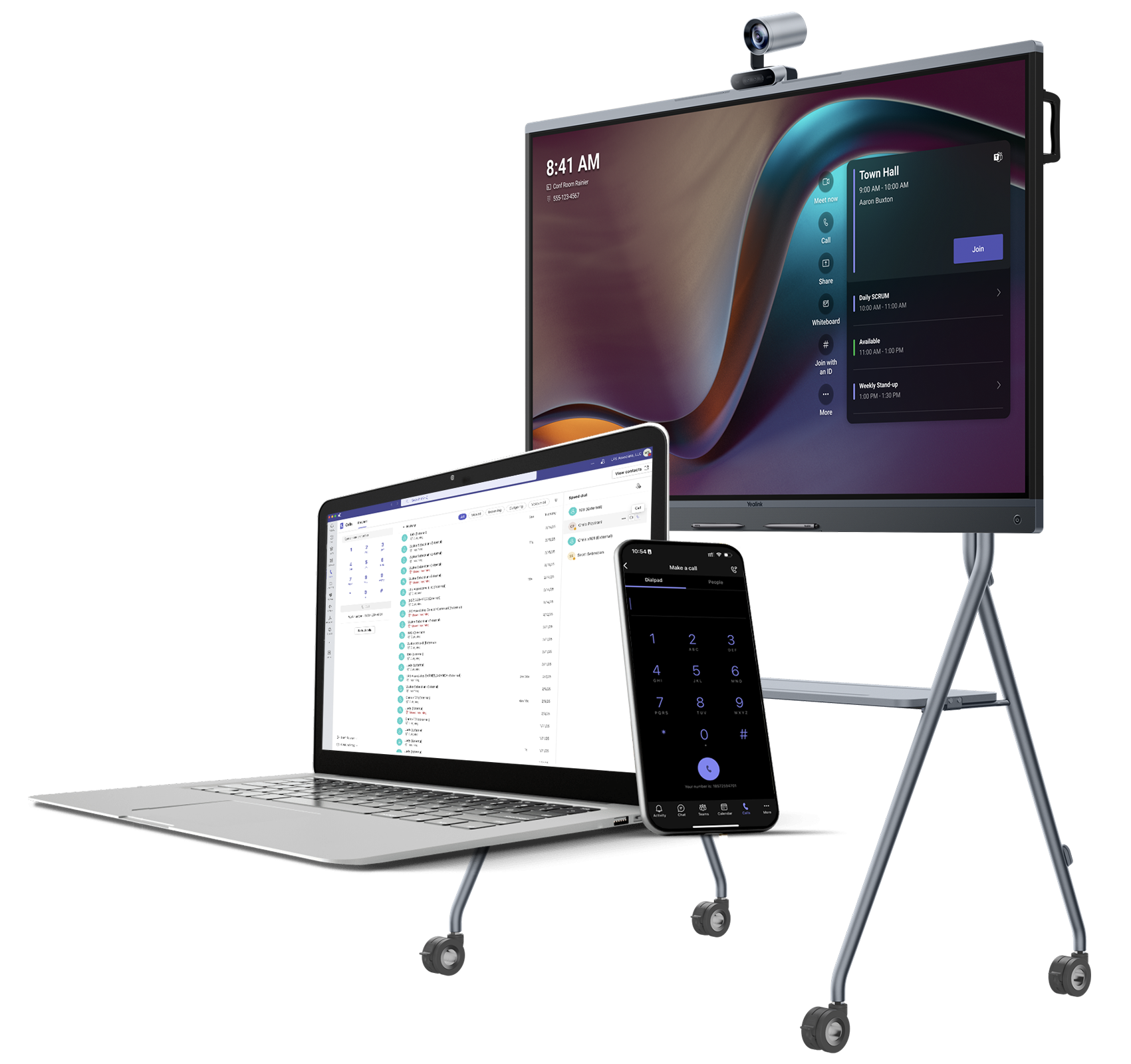 Microsoft Teams A phone a laptop and a cell phone with logos