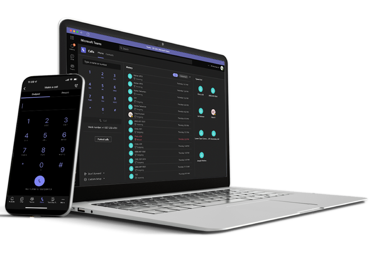 Microsoft Teams A phone a laptop and a cell phone with logos