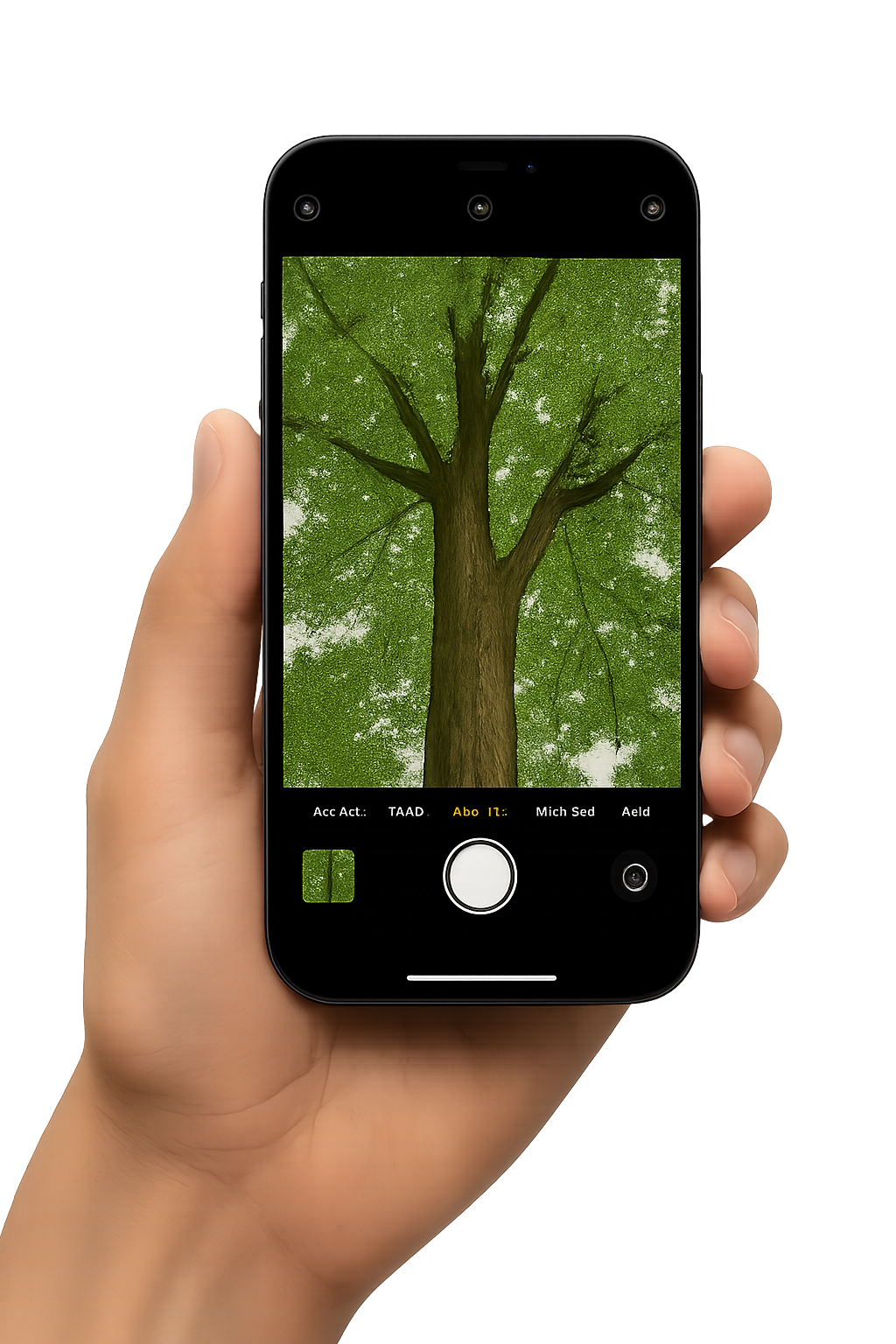 A person is holding a cell phone in their hand and taking a picture of a tree.
