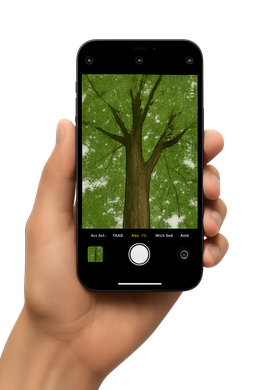 A person is holding a cell phone in their hand and taking a picture of a tree.