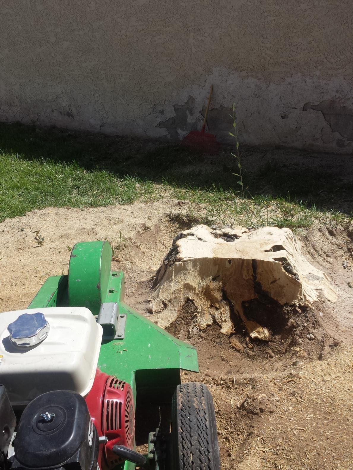 A stump grinder is sitting next to a tree stump.
