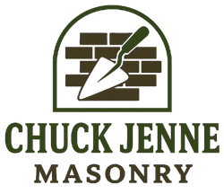 Logo of Chuck Jenne Masonry: a trowel over a brick wall, contained within an arch, with company name below.