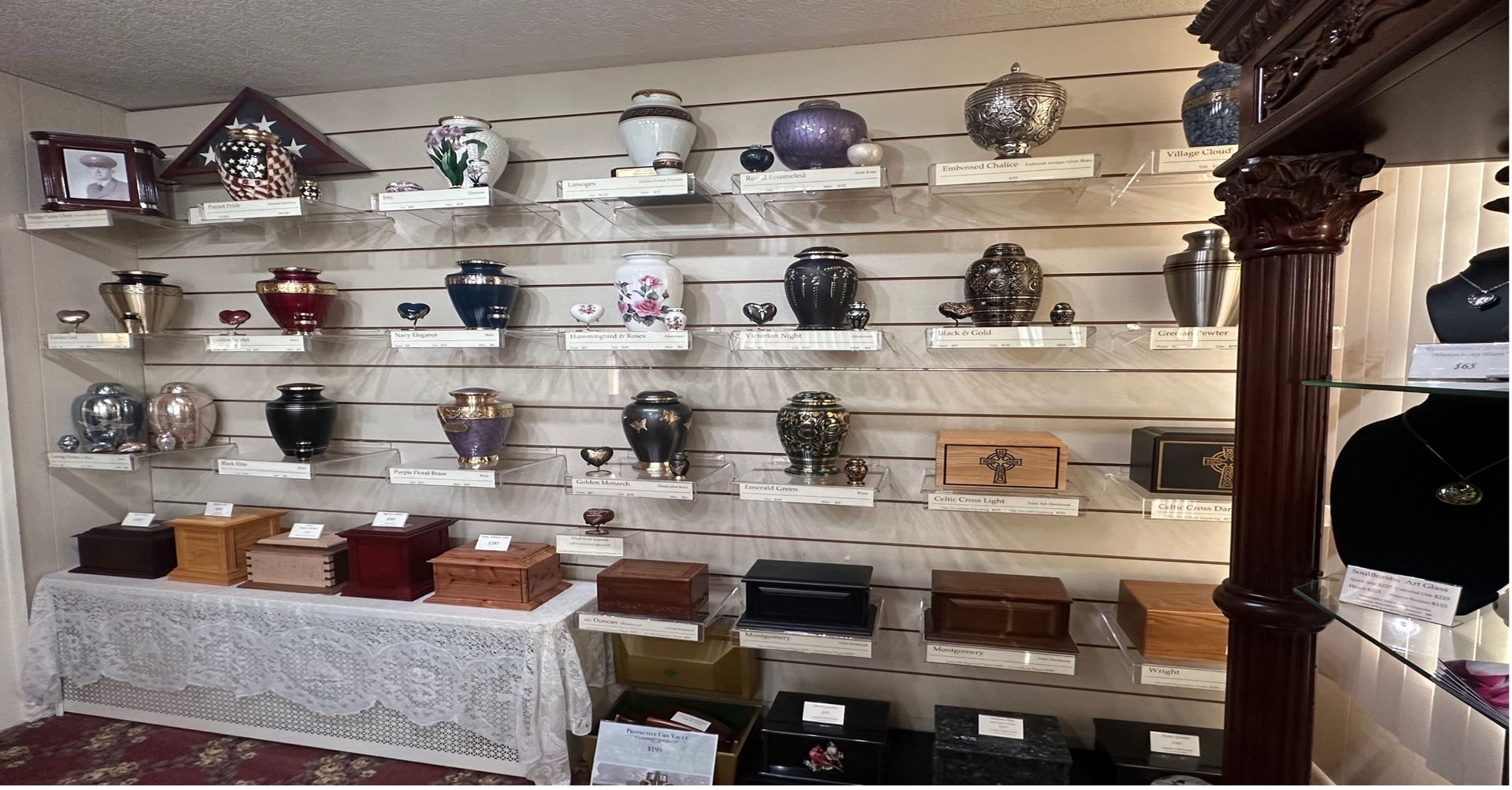 A wide variety of cremation urns and keepsakes for purchase