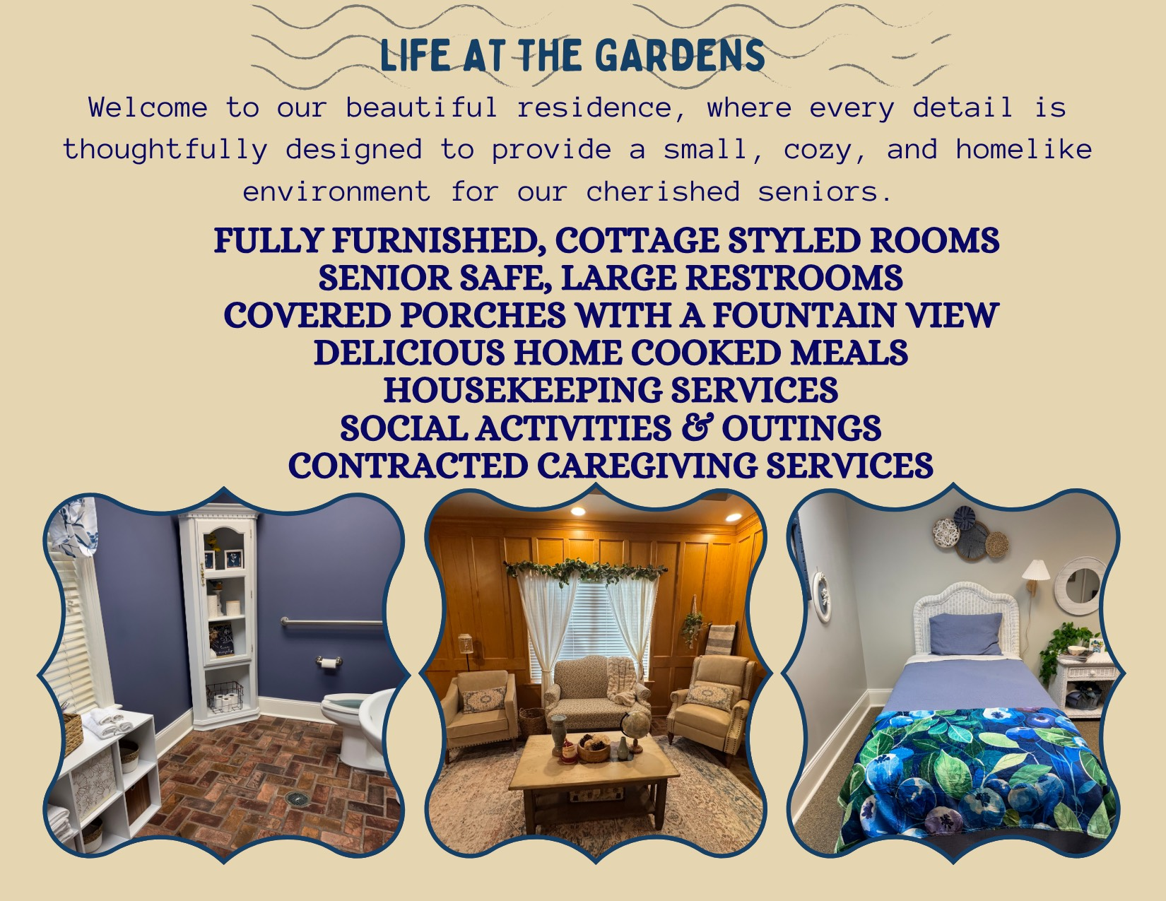 An ad for life at the gardens shows a living room and bedroom