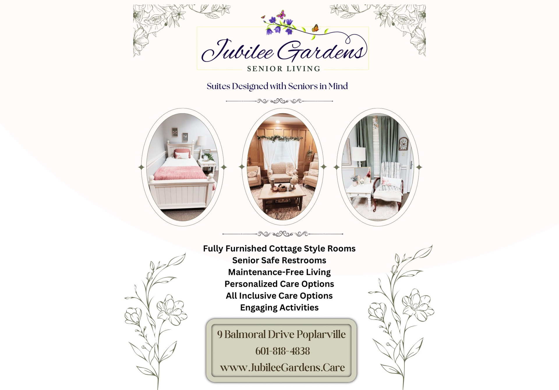 A flyer for jubilee gardens shows a bedroom , living room , and dining room.