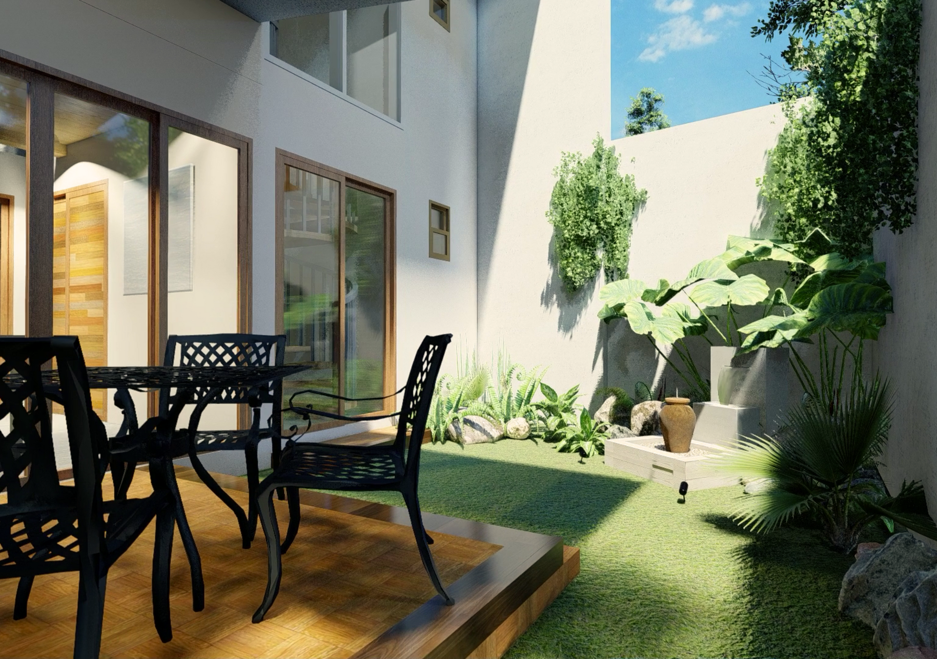 A drawing of a garden with a ruler , compass and pencils.