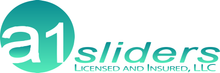 Logo for A1 Sliders, LLC. Teal circle with "a1" in white. "sliders" text next to the circle. Text below: "Licensed and Insured, LLC."