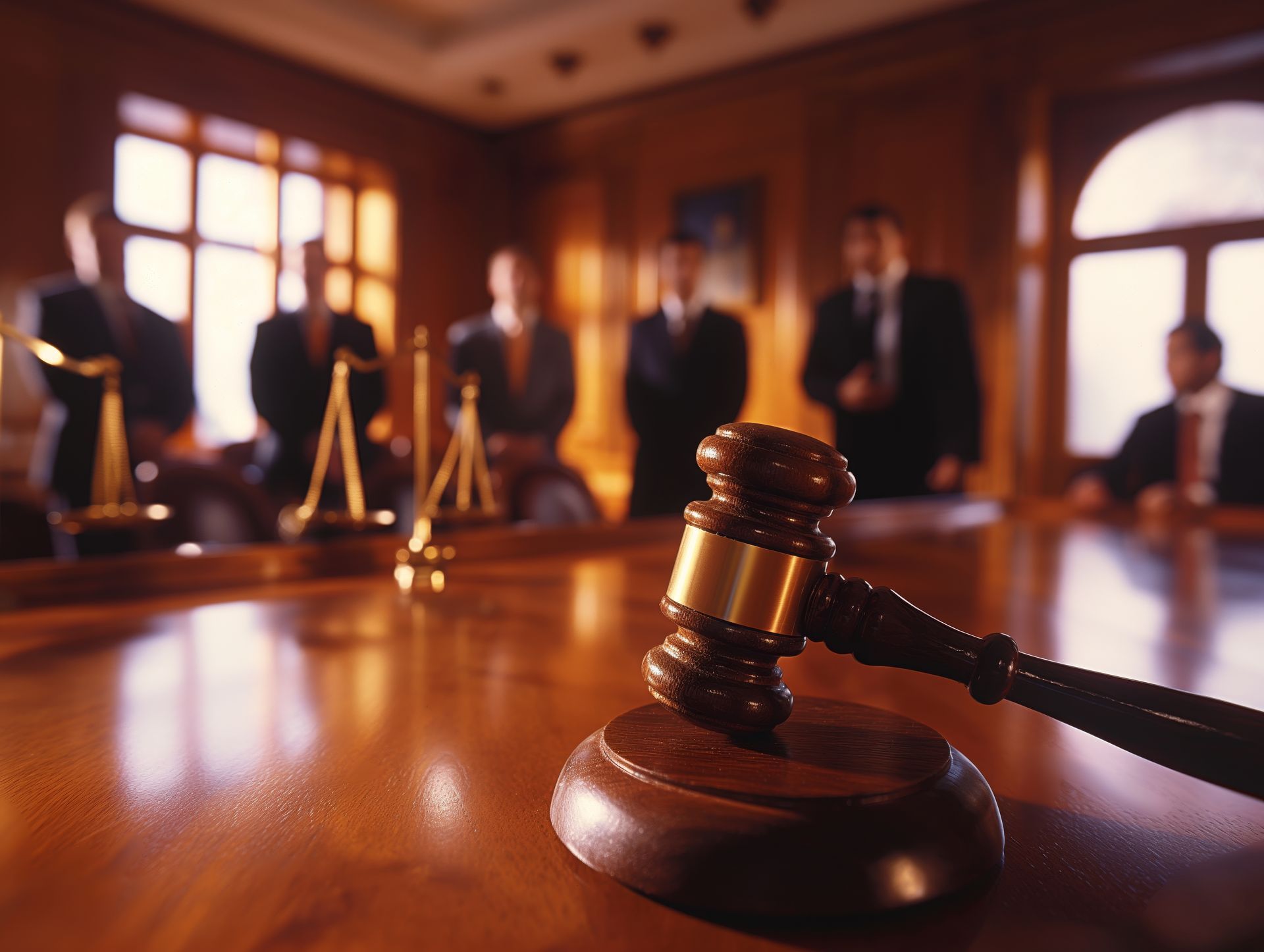 Gavel on a wooden table in a courtroom; figures in suits stand in background.