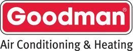 The logo for goodman air conditioning and heating is red and white.