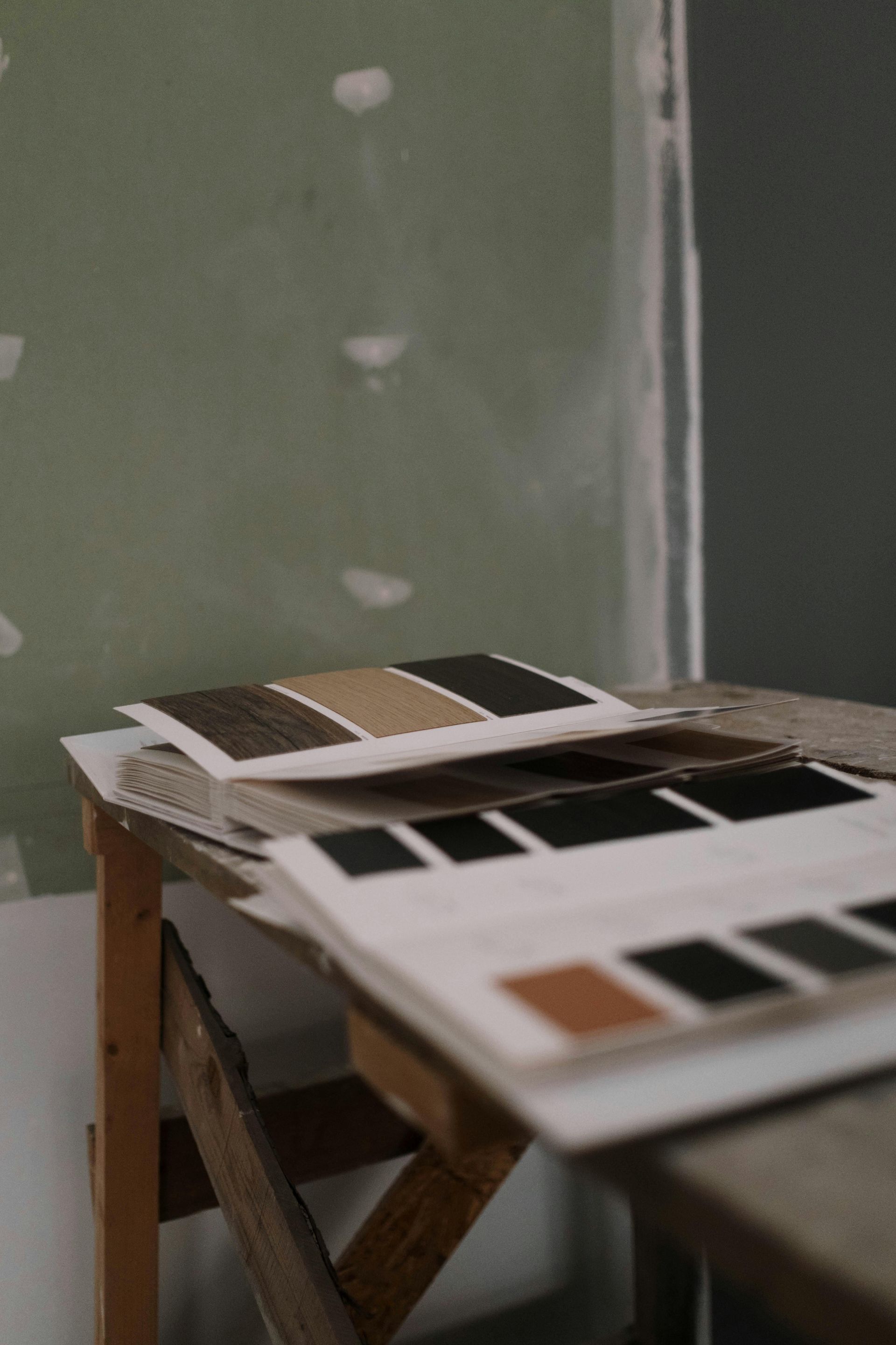 Color swatches on a wooden table against a green and gray wall in a construction setting.