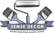 Logo with paint roller and brushes, "Sense Decor" text on a banner.