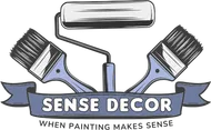 Logo with paint roller and brushes, "Sense Decor" text on a banner.