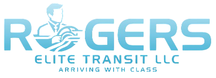 Logo for Rogers Elite Transit LLC, blue text and silhouette of person holding a globe-like object. 