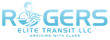 Logo for Rogers Elite Transit LLC, blue text and silhouette of person holding a globe-like object. 