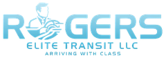 Logo for Rogers Elite Transit LLC, blue text and silhouette of person holding a globe-like object. 