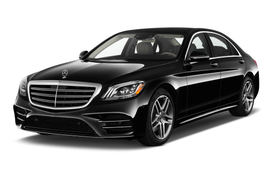 Black Mercedes-Benz sedan, parked at an angle, on a white background.
