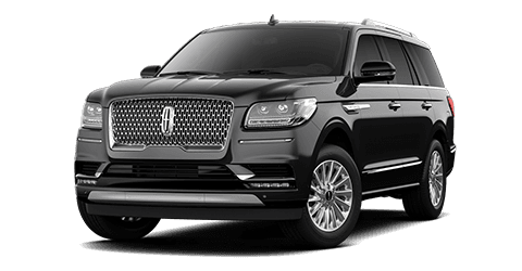 Black Lincoln Navigator SUV. Front view on white background.