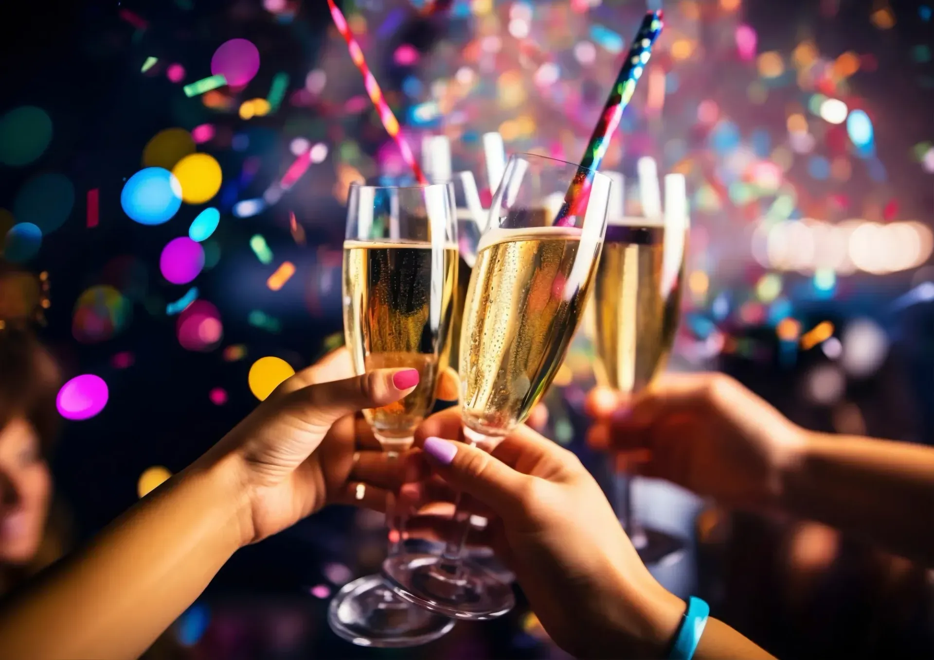 People toasting with champagne flutes; confetti and colorful lights in background.