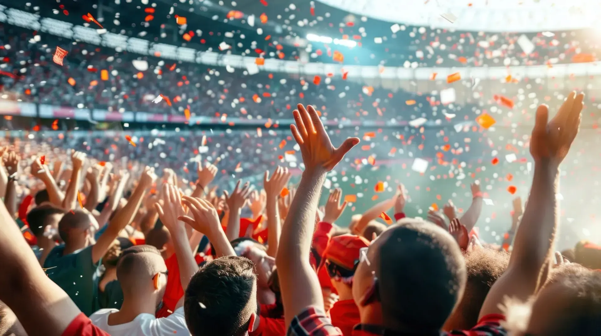 Stadium crowd with arms raised, confetti falling, cheering during a sporting event.