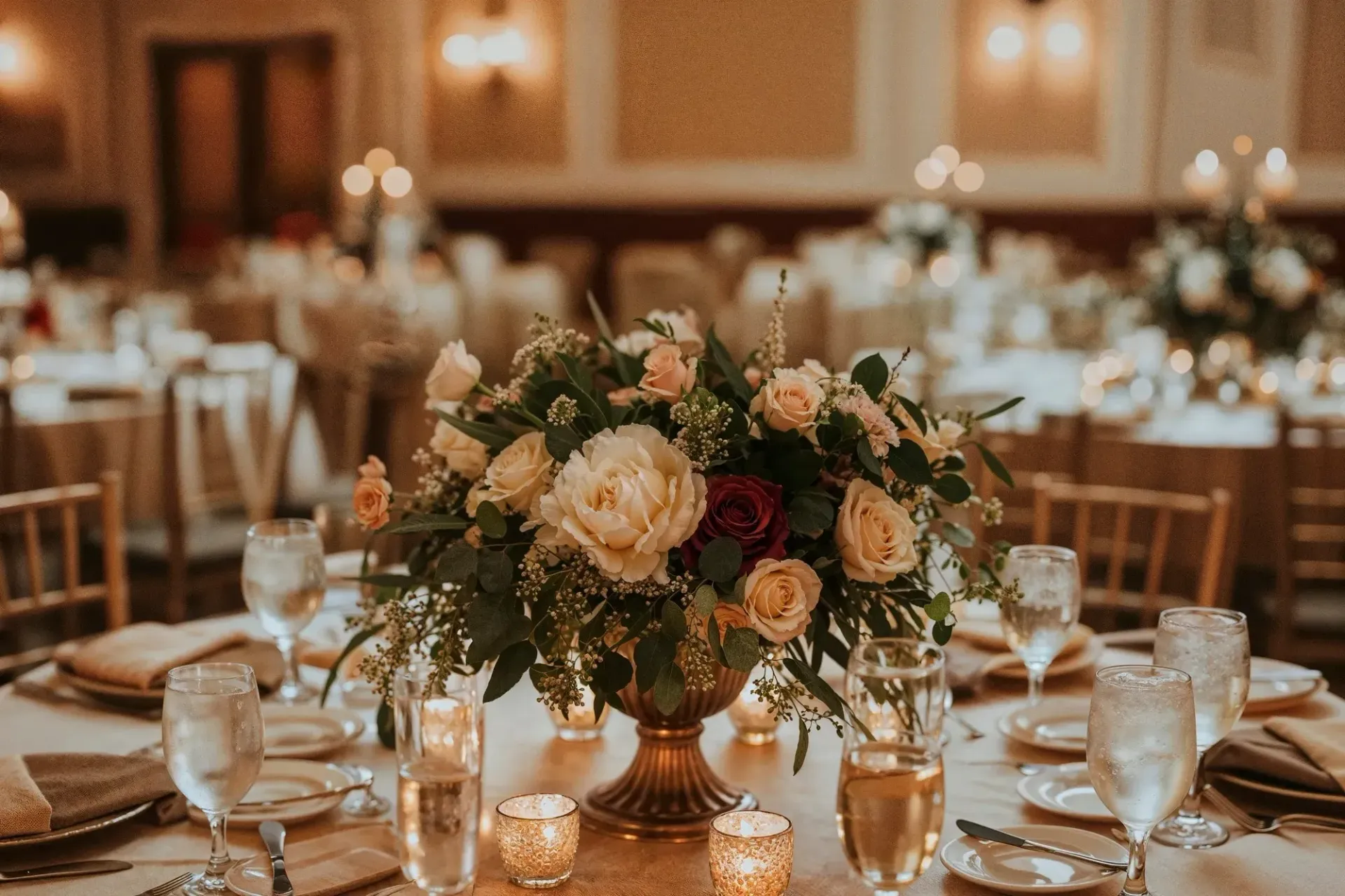 Elegant wedding reception table setting with floral centerpiece and candles.