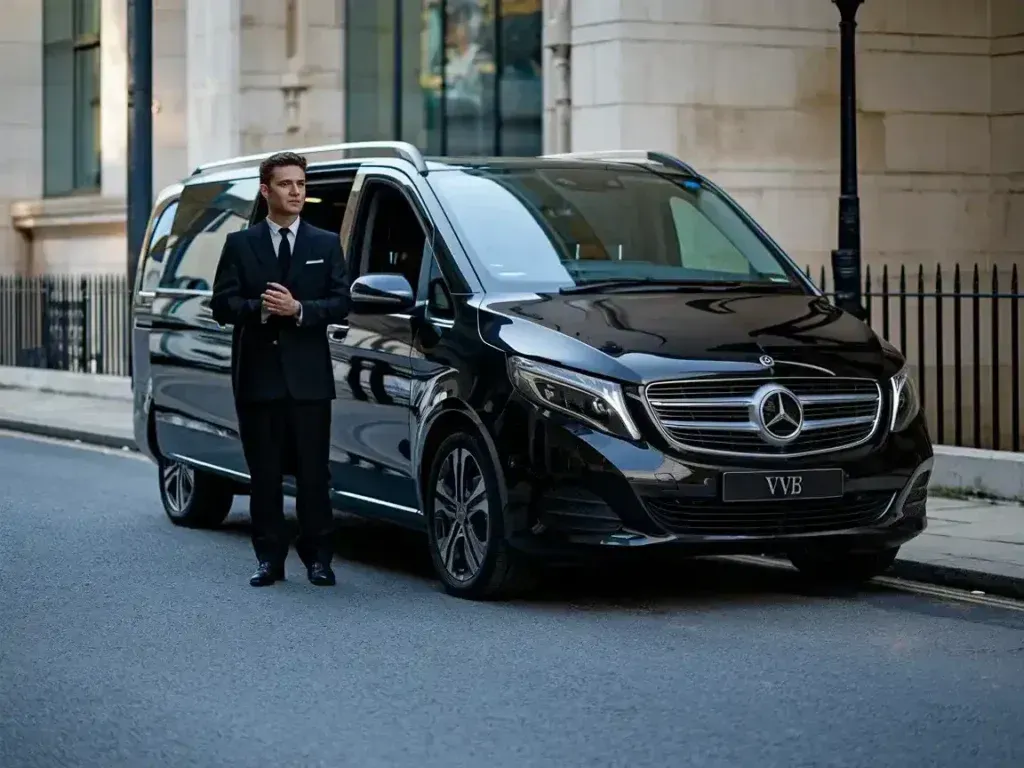 A chauffeur in a black suit stands next to a black Mercedes van parked on a city street.