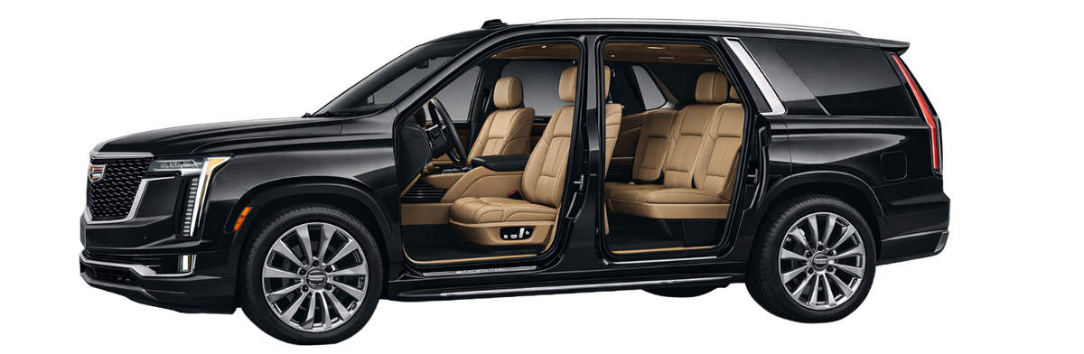 Black Cadillac Escalade with tan interior, doors open.