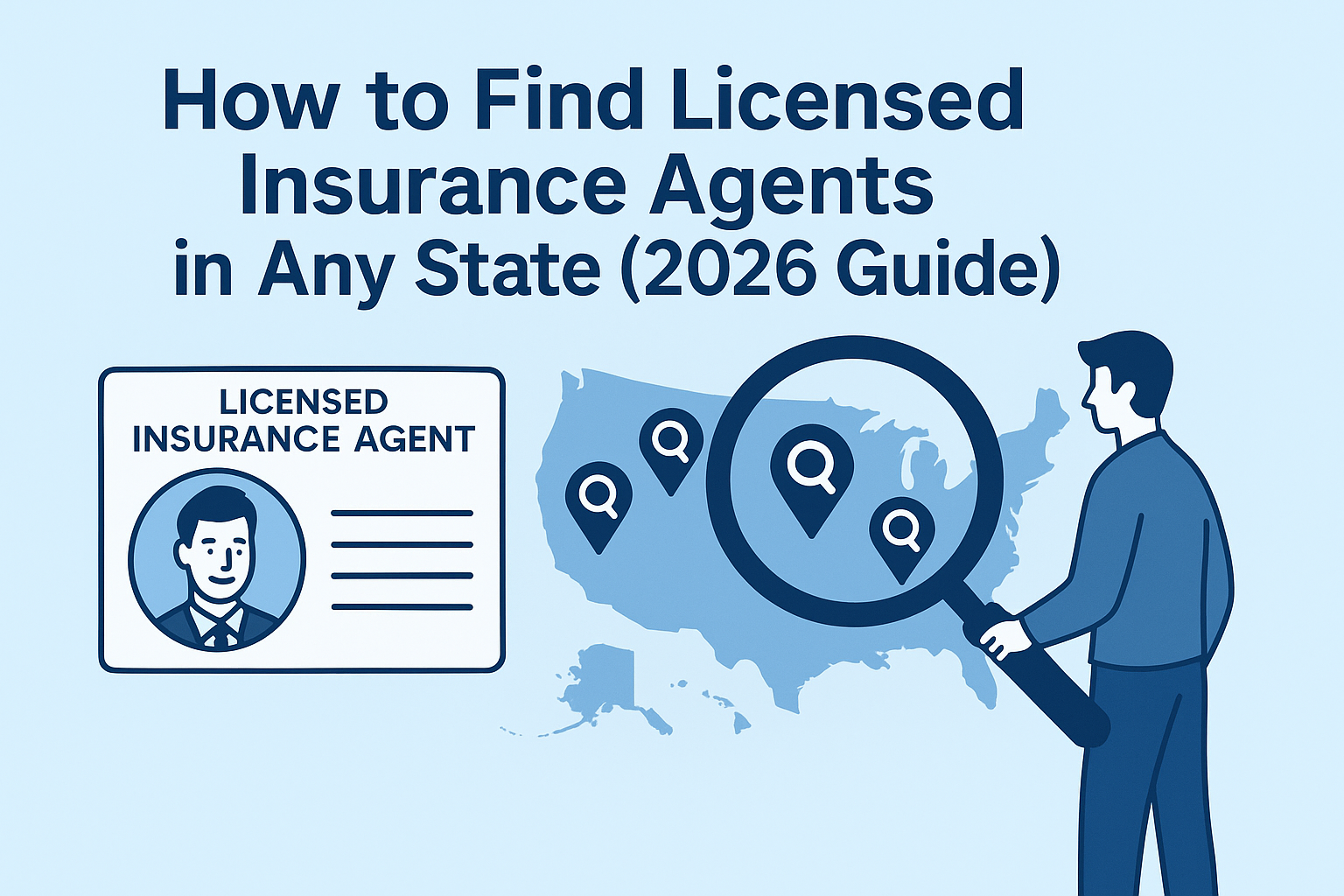 Guide for finding licensed insurance agents, shown with map, magnifying glass, agent badge, and person searching.
