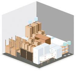 Storage unit filled with furniture and boxes, including a bed, dresser, and chairs.