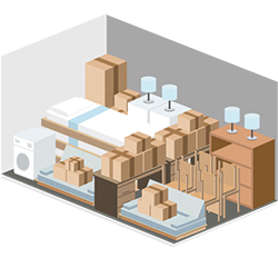 Isometric view of a storage unit packed with furniture, boxes, a washing machine, and lamps.