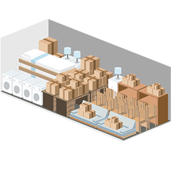 Storage unit, packed with furniture, boxes, and appliances; white walls.