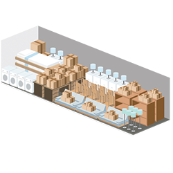 Isometric view of a storage unit filled with packed boxes, appliances, and furniture.